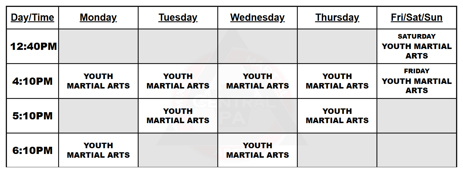 CPAMMA Youth Mixed Martial Arts schedule: Monday through Friday at 4:10 PM, Tuesday and Thursday at 5:10 PM, Monday and Wednesday at 6:10 PM, and Saturday at 12:40 PM.