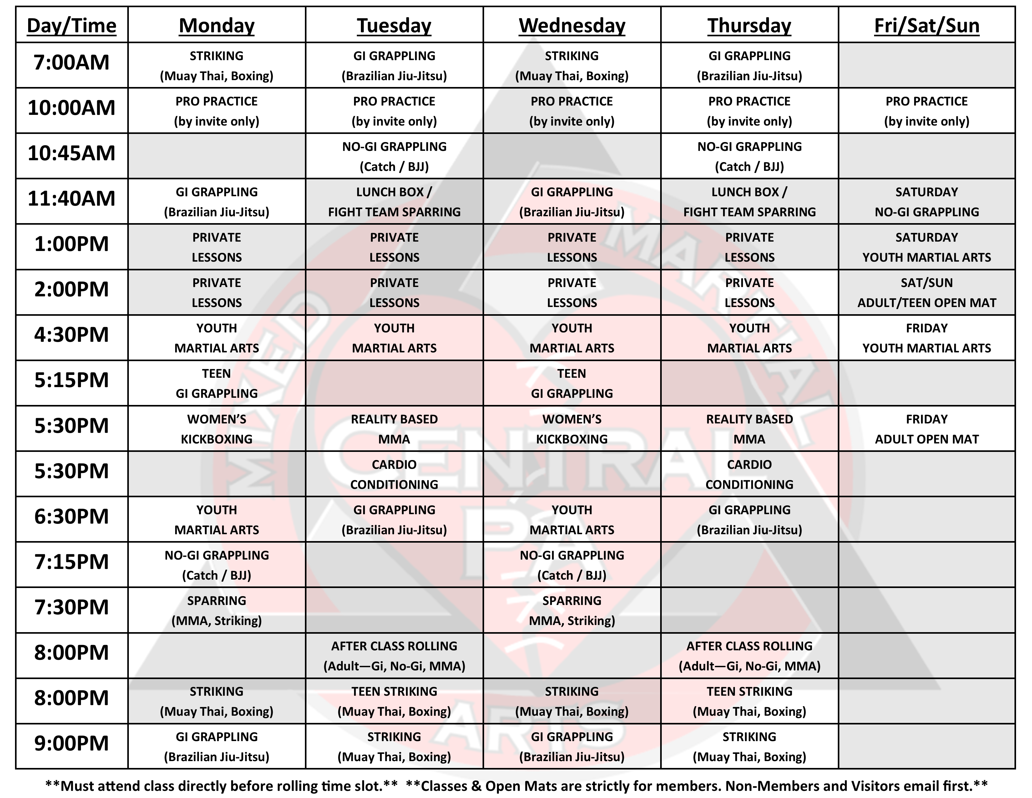 Schedule Central PA Mixed Martial Arts
