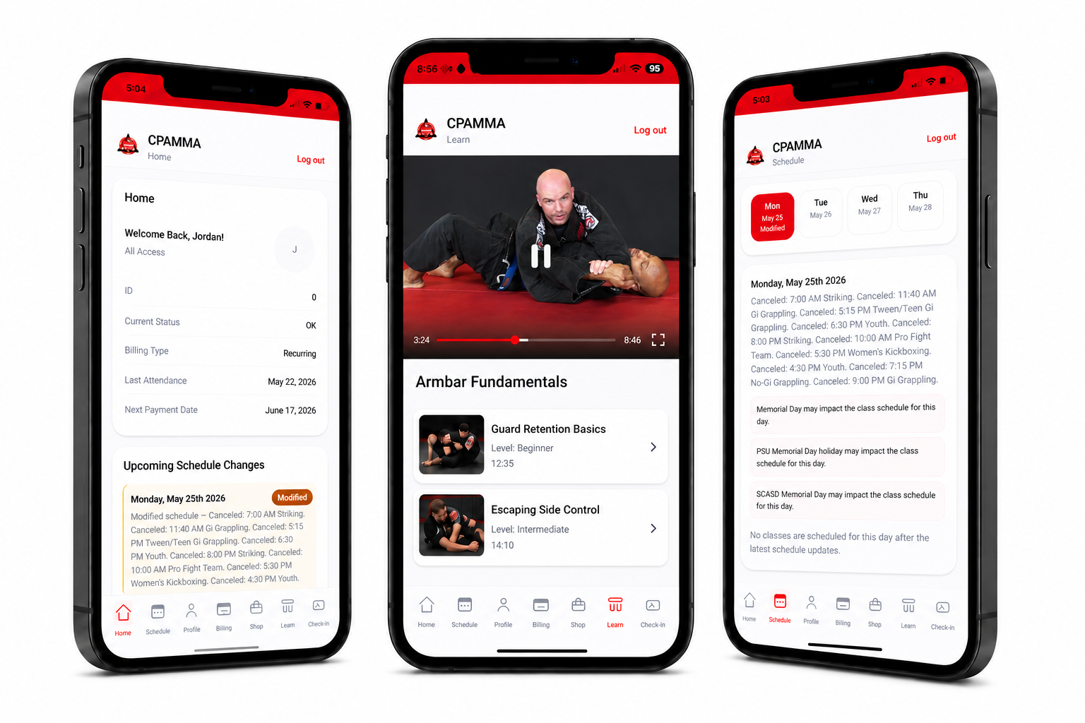 The CPAMMA App Home, Learn video and Schedule screens shown on three smartphones