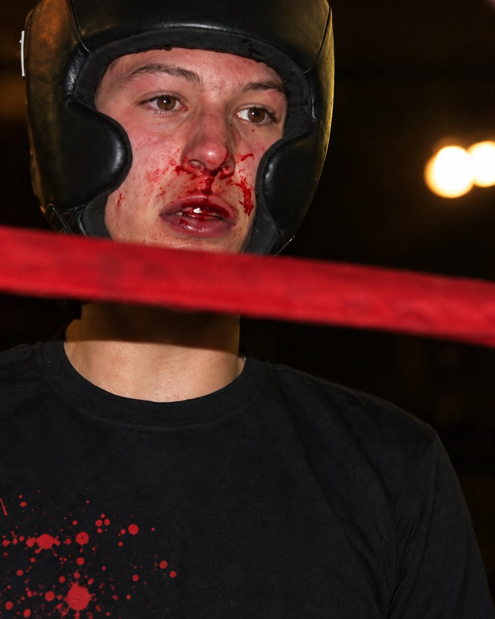 Dominic Baronio in boxing headgear after a bout