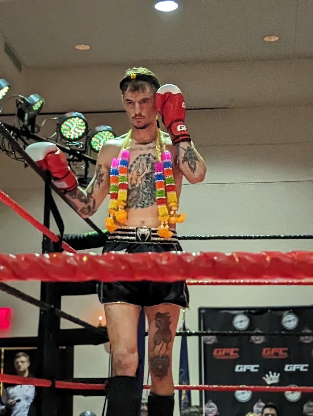 Jed Frank standing in the ring after a Muay Thai bout